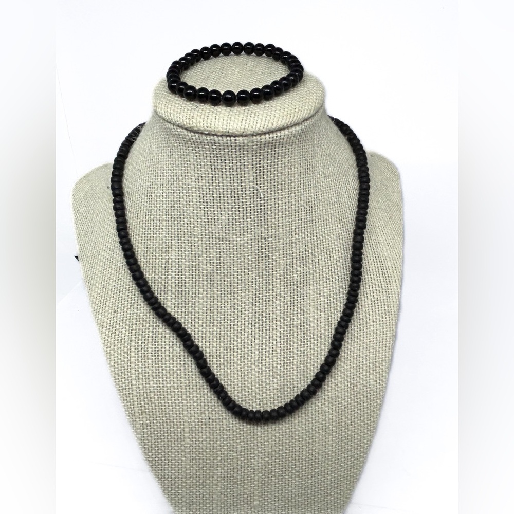 Black Beads Necklace & Black Stretchy Bracelet Festive Goth Party